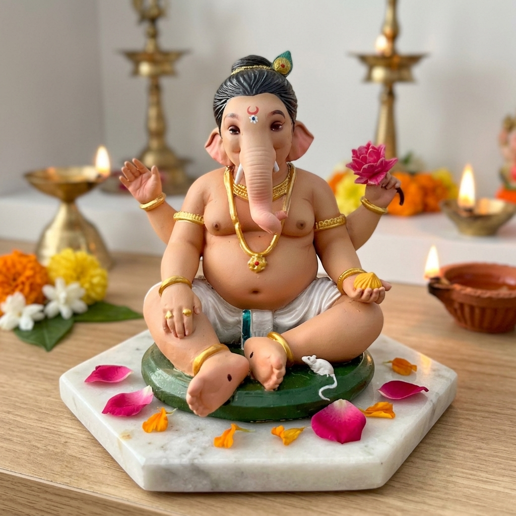 Cute Handcrafted Bal Ganesha Idol Seated On Marble Base