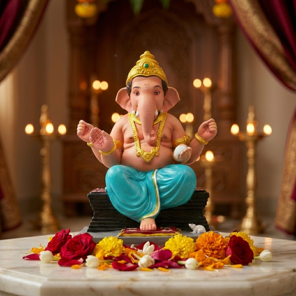 Royal Ganesha Idol With Traditional Mandir Background